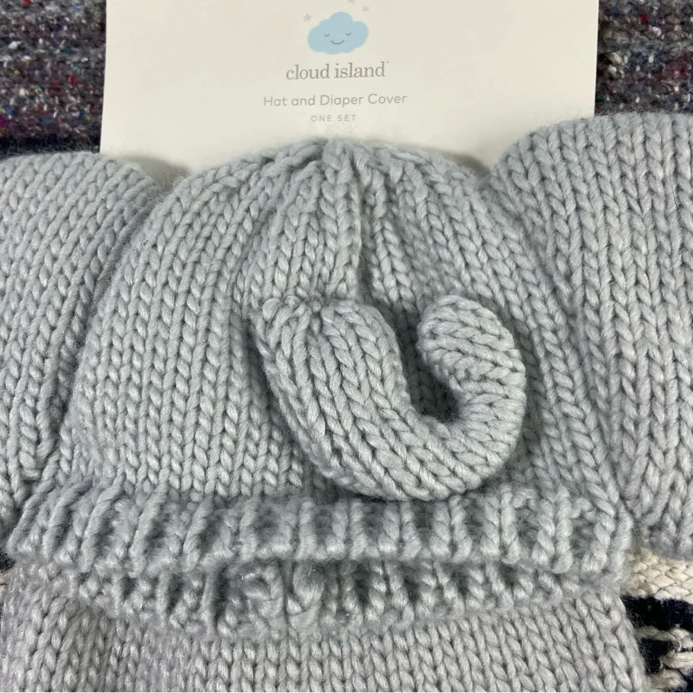 New NWT Cloud Island Baby Knit Sweater Animal Elephant Hat Beanie Diaper Cover